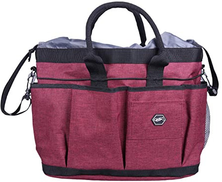 QHP Putztasche Pferd | Größe: 36 x 21 x 27 cm | Langlebiges Material | Vielseitig einsetzbar | Viel Stauraum | Angenehmes Tragen | Inklusive Netzfach (Bordeaux)