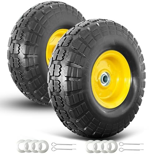 Ponsytocn 4.10/3.50-4 tire and Wheel,10inch Flat Free Solid Wheel with 5/8inchBearings,2.25inchOffset Hub,for Gorilla Carts,Garden Cart,Dolly,Trolley,Dump Cart,Hand Truck/Garden Wagon-2 PCS (2 PACK)