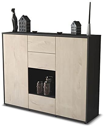 Stil.Zeit Highboard Kommode Nora, Korpus anthrazit matt, Front Holz-Design Zeder (136x108x35cm), Push-to-Open Technik & Leichtlaufschienen