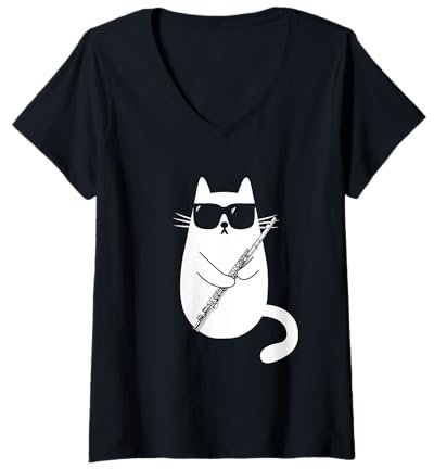 Damen Lustige Katze mit Sonnenbrille Flöte Querflöte Musiker T-Shirt mit V-Ausschnitt