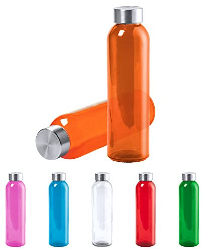 TIENDA EURASIA® Pack de 2 Botellas de Agua Transparente, 500 ml, Cuerpo de Cristal y Tapon a Rosca de Acero Inoxidable, Bidon para Camping, Gimnasio, Oficina, Botella Resistente, Color Naranja