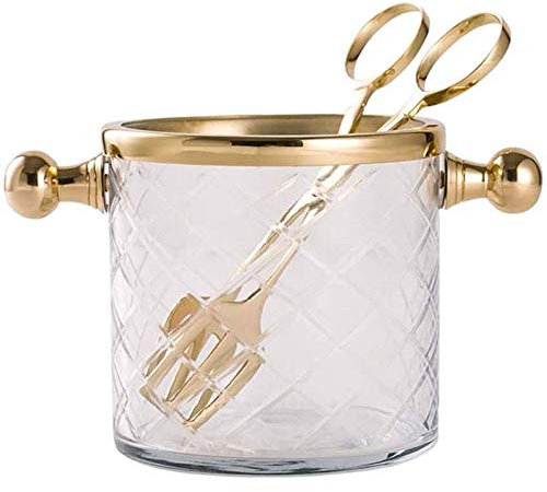 MXXHFC Large Drinks Cooler/Beer Bucket Glass Ice Bucket with Tongs Clear Transparent Mini Ice Cube, Brass Glass Ice Bucket with Carrying Handle 20 * 12.2 * 12.7CM