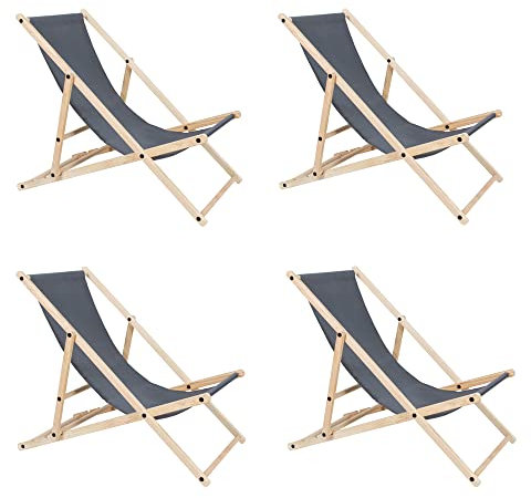 Randaco 4er Set Liegestuhl aus Holz Klappbar, Gartenliege Strandstuhl, Faltbar Sonnenliege, 3-Fach Verstellbare Rückenlehne Klappliegestuhl Relaxliege, Strandliege, 120 kg belastbar - Grau
