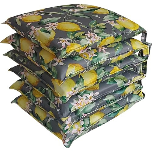 HABITA 33 HOME 6er Set Stuhlkissen 40x40x5 cm – Abnehmbare Sitzkissen mit Bändern – Waschbare Kissenbezüge mit Digitaldruck – Weiche Sitzauflagen für Küche & Esszimmer (6, Limoni In Fiore)