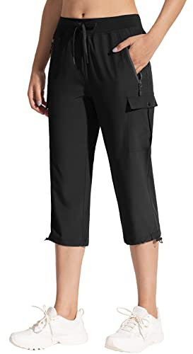 MOCOLY Pantalon Jogging Cargo 3/4 Femme Pantacourt Randonnée été Leger Pantalon Court Sport à Taille élastiquée Pantalon Corsaire Extérieur à Poche Zippée Noir XS