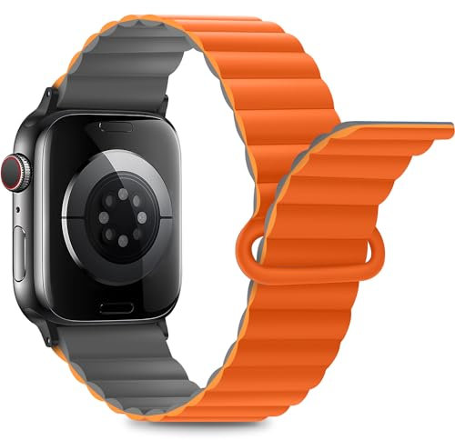 Anlinser Kompatibel mit Apple Watch Armband 49/46/45/44/42/41/40/38mm, Doppelseitiges Wendbares mit Loop Magnetic Ersatzband für iWatch Serie 10/9/8/7-1SE (42/41/40/38, Grau/Orange)