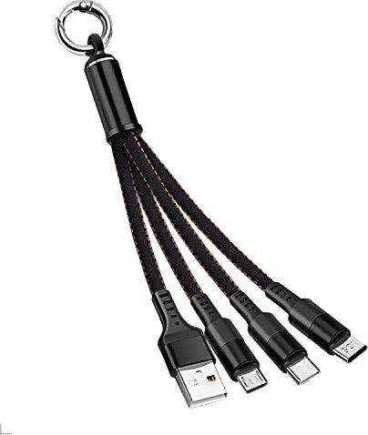 Zigmoon hair AOYIY Multi USB Charger Cable 15CM, 3-in-1 Short Fast Charging Cable Keychain with iP/Micro/USB Type C Connector for Cell Phones, Tablets and More (Black)