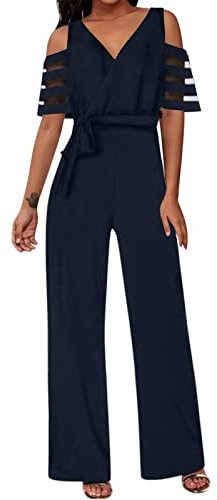 Jumpsuit Damen Elegant Festlich Jumpsuits FüR Damen Sommer V-Ausschnitt Glitzer-Pailletten-Strampler Kurzarm Lange Overall Elegant Business Hosenanzug Weites Bein Playsuit Romper FüR Hochzeit