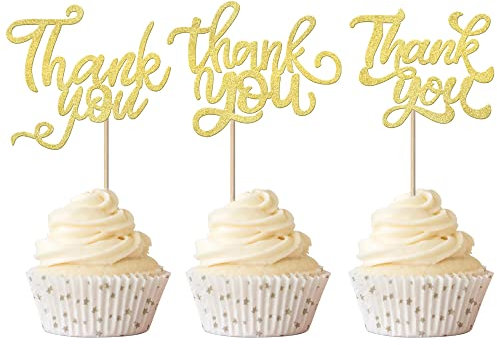 Rsstarxi 36 Pack Gold Glitter Thank You Cupcake Toppers Thank You Cupcake Picks for Baby Shower Birthday Anniversary Thanksgiving Day Wedding Bridal Party Decoration Supplies