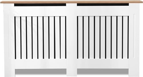 Blisswood Radiator Cover Traditional MDF Wood Grill Cabinet Shelf, Vertical Slat Modern Radiator Covers Crafted For Living Room Furniture (Large, White)