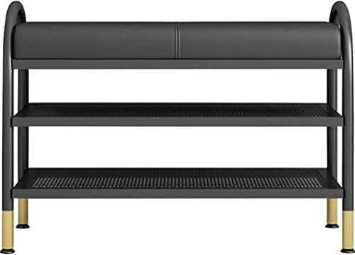 Entryway Shoe Bench Storage Bench End of Bed Bench Shoe Bench Rack with Storage Nordic Double-Layer Wrought Iron Frame, Household Shoe Changing Stool with Soft Cushion (Color : Black, Size