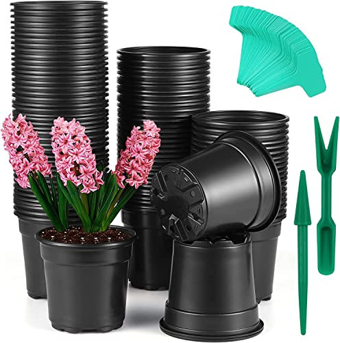 Coolty 80 Stück Anzucht-Topf Kunststoff Pflanztöpfe Setzlinge Baumschul Töpfe zur Vor-Zucht geeignet mit Pflanzenetiketten und 1 Set Mini Werkzeuge zum Umpflanzen, Schwarz (5 Inch)