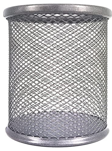 RAYLU PAPER - Pot à Crayon en Maille Métallique Ronde, Porte Crayon en Grille, Organisateur de Bureau, Surface Antidérapante, Porte Stylo Accessoire Bureau Diamètre 90 mm (Argent)