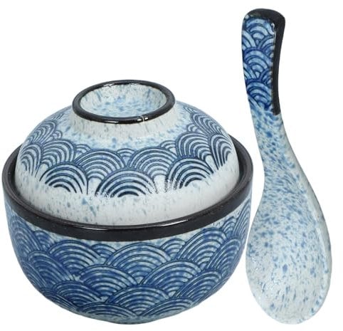 Cabilock Lot de 2 bols à soupe japonais Miso en céramique avec couvercle et cuillère, bol à ramen bleu pour nouilles, riz et ragoûts, bols couverts pour la maison et la cuisine
