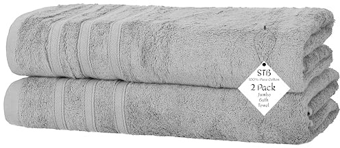 S & B Pack of 2 Jumbo Bath Towels Sheets 100% Pure Cotton Quick Dry Gym, Spa, Hotel Quality 500-GSM Large Size Bathroom Towels 75 x 150 cm (Silver)