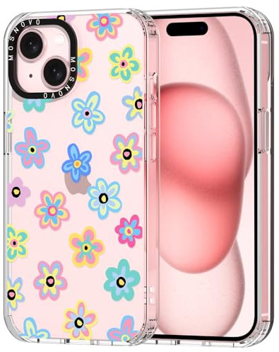 MOSNOVO Case for iPhone 15, [Buffertech 6.6ft Military-Grade Drop Protection] [Anti Peel Off Tech] Clear TPU Bumper Phone Case Cover Design - Groovy Flower