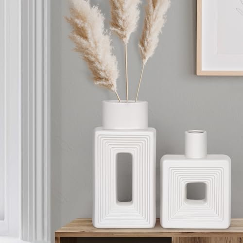 Winter Shore Deko Vase Weiß Set (2er-Pack) - Geometrische, Minimalistische Deko - Keramik-Vasen Set für Wohnzimmer, Flur, Regale, Tisch, Kaminsims - Vase Boho, Nordisch, Rustikal, Bauernhaus, Modern