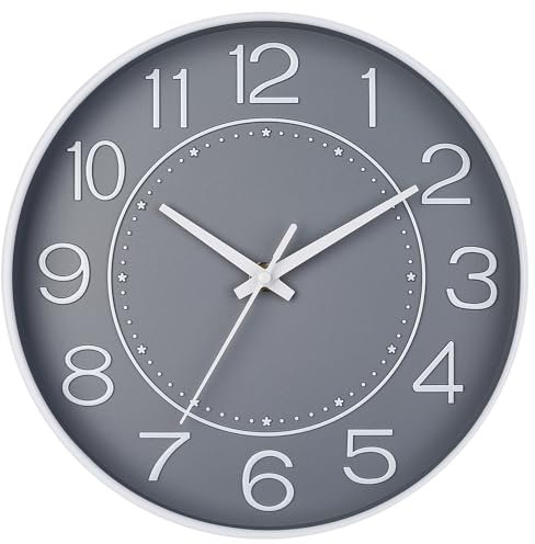 HZDHCLH 25cm Modern Quartz Lautlos Wanduhr Arabisch Ziffer Schleichende Sekunde ohne Ticken für Dekoration Wohnzimmer, Küche, Büro, Schlafzimmer (grau)