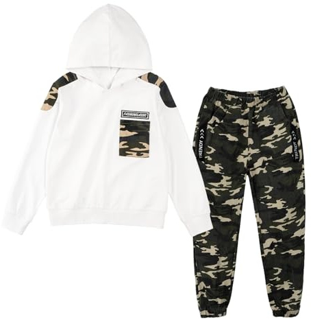 LOLANTA 2PCS Enfants Survêtement Ensemble Sweatshirt à Capuche et Pantalon de Cargo Camouflage pour Garçons, Blanc, 8-9 ans, 140