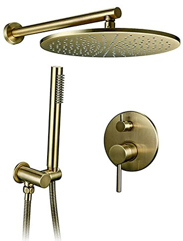 Système De Douche Doré Brossé, Pomme De Douche Ronde En Laiton Massif Avec Douchette À Main, Ensemble De Robinets De Douche De Luxe Pour Salle De Bain, Montage Mural, 25,4 Cm, 25,4 Cm