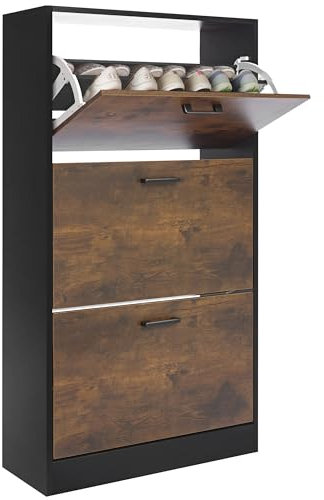 Blisswood 3 Drawer Shoe Cabinet, Wooden Shoe Storage Organiser Cupboard Unit Hallway Furniture, freestanding Entryway 3 tier Modern Shoes Rack Cabinet Footwear Stand for Shoes (Black & Rustic)