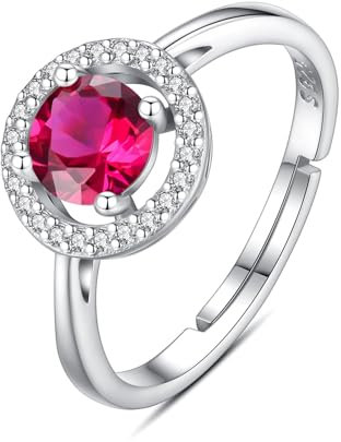 INFUSEU Geburtsstein Ring, 925 Sterling Silber Geburtsstein Rubin Ringe für Damen Oktober Personalisierbar Verstellbar Offene Bänder Zirkonia Ringe Geschenke für Frauen Mädchen