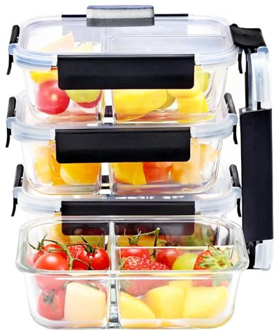 ERUIV Récipient en verre avec couvercle, bol en verre avec couvercle à 3 compartiments (4 x 1040 ml), boîtes de conservation en verre dense, avec couvercle, boîtes de conservation en verre Meal Prep