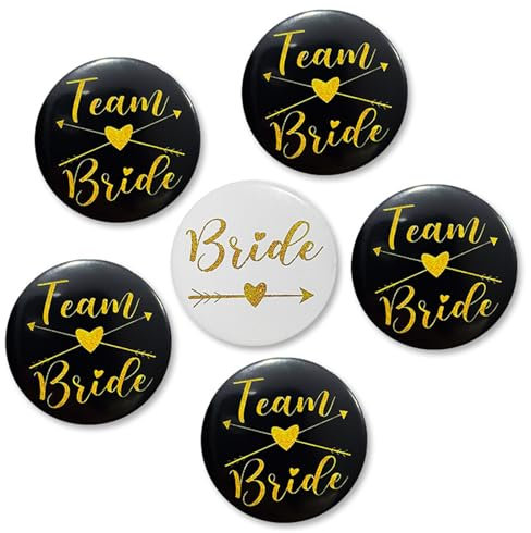 KOBOKO Team Bride, JGA Buttons, JGA Accessoires Frauen, Buttons Anstecker Junggesellinnenabschied Accessoires und Hochzeitsfeier Party Polterabend (Weiß, Schwarz, 6 Stücke)