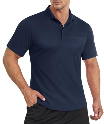 EKLENTSON Mens Polo Shirts Short Sleeve Quick Dry Golf Tennis Shirts with Pocket Summer Lightweight Breathable Workout Sport Activewear Polos Navy,2XL
