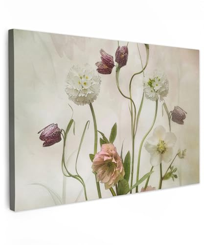 MuchoWow© Leinwandbild Dekoration Wohnzimmer Vintage Bilder Aufhängen Wall | 60x40 cm - Decoration Living Room Wohnungs Deko Moderne Blumen - Frühling - Garten - Trockenblumen