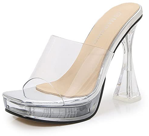 WOkismD Damen Clear Chunky Block High Heels PVC Plateau High Heels Square Open Toe Slip On - Sandaletten Nachtclub Catwalk Pole Dance Dress Schuhe,Grau,37