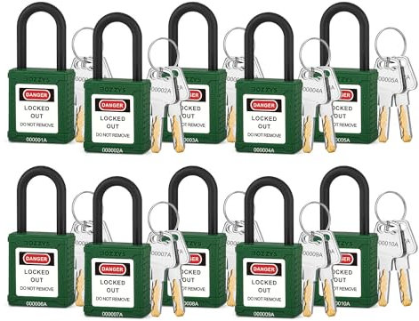 Juego de 10 candados aislados de bloqueo eléctrico/etiquetado, verde, grillete de nailon, cilindro de aleación de zinc, con llave diferente, 2 llaves por candado de seguridad, contra golpes eléctricos