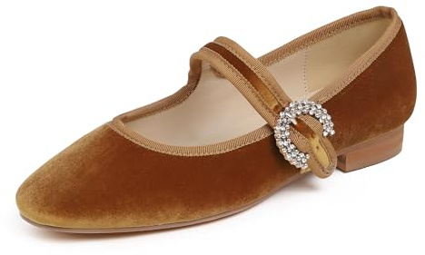 Feversole Women's Mary Jane Fashion Square Toe Easy Buckle Low Heel Slip On Flats Camel Velvet Size 5 UK