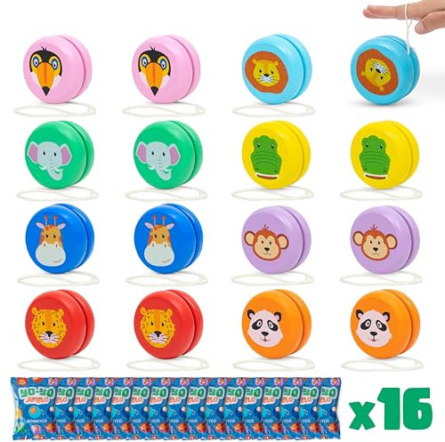 BONNYCO Yoyo Bambini Legno Pack 16 Animali della Giungla Yo Yo Gadget Compleanno Bambini, Mini Giochi Regalini Fine Festa Compleanno, Regalino Fine Festa Dopo Invitati | Pensierini Giochini Scuola