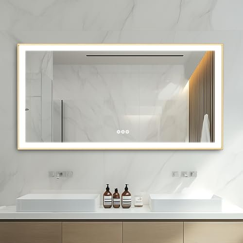 LUVODI Miroir Salle de Bain avec Cadre Doré: 151x78cm Miroir Lumineux avec Éclairage intégré Miroir d’Or Brossé Désembuage Miroir Connecté Rond Miroir Mural avec Prise 3000K 4500K 15000K