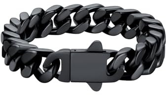 U7 Herren Armband Schwarz 12mm Schicke Miami Armkette Edelstahl Kettenarmband Kubanisch Gliederarmband Panzerarmband 23cm lang Armbänder Armschmuck für Freund Vater Bruder Jungs
