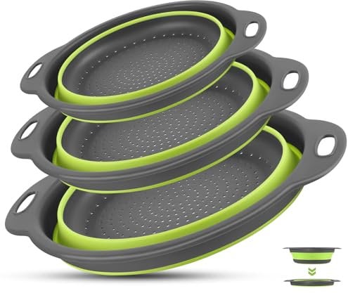 Collapsible Colander Set of 3, Silicone Sieve for Drain Vegetables, Fruits. Sieves and Strainers, Space Saving, Kitchen Gadgets, Suitable for Outdoor Camping, 3 Sizes (10+11.4+13.4 inch)