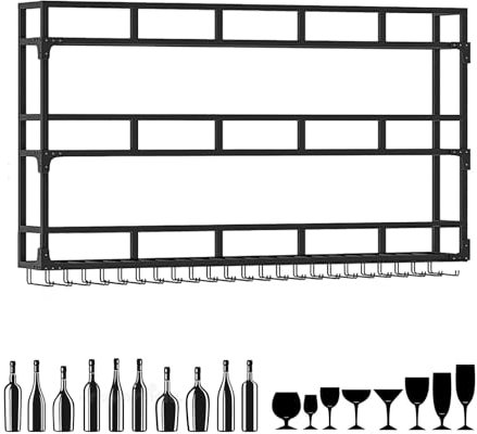 GOKEUEKDY Portabottiglie in Ferro a 3 Ripiani da Parete con portabicchieri, mensole galleggianti per Bar, mensola per Esposizione Bottiglie di liquore, mensola sospesa per Bar, portabottiglie in Meta