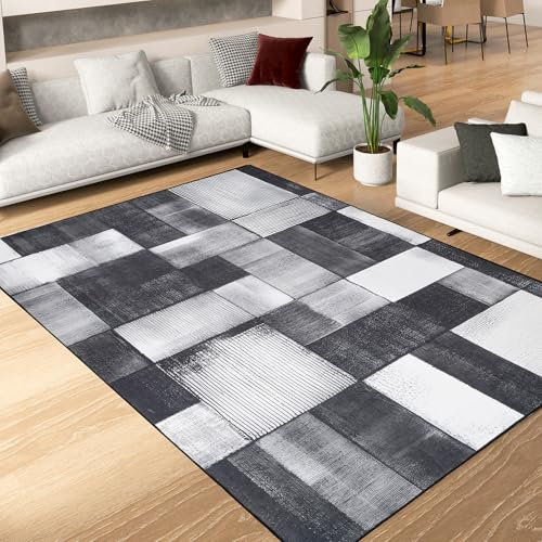 Alishomtll Teppich Wohnzimmer Schlafzimmer Waschbar Kurzflor Anti-Rutsch TPR Unterseite Langlebig Robuster Polyester Teppich Rechteckig Pflegeleicht, Schwarz Grau 200x280 cm