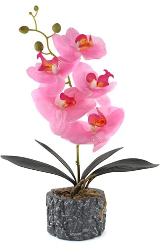 ginojex Orchidea artificiale decorativa realistica, fiore finto in vaso di cemento, per casa, interni, feste, matrimoni, centrotavola, rosa alto 38,1 cm