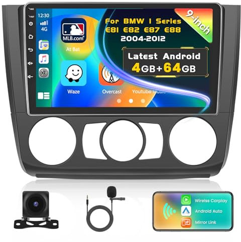Inefala 4G+64G 9 Touchscreen Autoradio für BMW 1 Series E81 E82 E87 E88 2004-2012, Radio mit Wireless CarPlay und Android Auto, GPS, WiFi, Bluetooth, RDS, FM, USB, SWC, Mikrofon, Rückfahrkamera