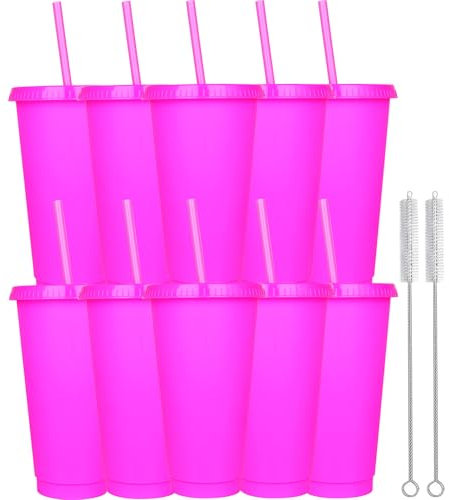 Yisituo 10 Stück Trinkbecher mit Deckel und Strohhalm, 710ml Wiederverwendbare Plastikbecher mit für Smoothies, Kaffee, Party und Reise (10, Rosarot)