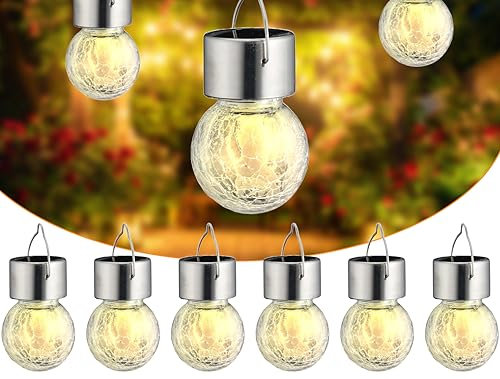 mucHome 6x Solar LED Hängeleuchten aus Echtglas Garten Deko Solarlampe Gartenleuchte zum hängen Hängelampe warm-weiß