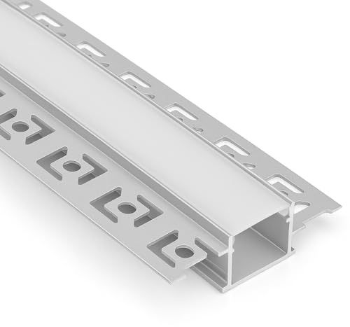LED Plaster in Profile for LED Strip Lights – 1M/2M Recessed Aluminium Channel with Diffuser, End Caps & Clips – 20mm Wide Housing for Tape Lighting – Sleek Plaster-in Extrusion Kit (8, 2M Length)