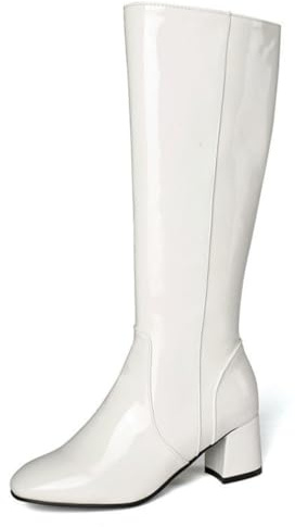 Stivali Donna in Pelle Verniciata con Tacco Largo - Stivaletti Alti Stile Equitazione Lucido - Stivali Eleganti per Autunno e Inverno - Calzature Moda per Donna,Bianca,44 EU