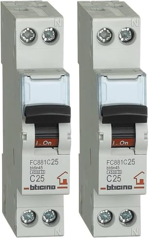 BTicino SFC881C25 Industriale FP BTDIN 45 Interruttore Magnetotermico, C25, 1P+N, 1 m, 4500 A, 25 A (Confezione da 2)