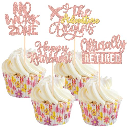 Xsstarmi 24 Packung Rente Cupcake Toppers Ruhestand Tortendeko Happy Retirement Kuchen Deko für Frau Rentner und Rentnerin Retirement PartyKuchen Dekoration Roségold