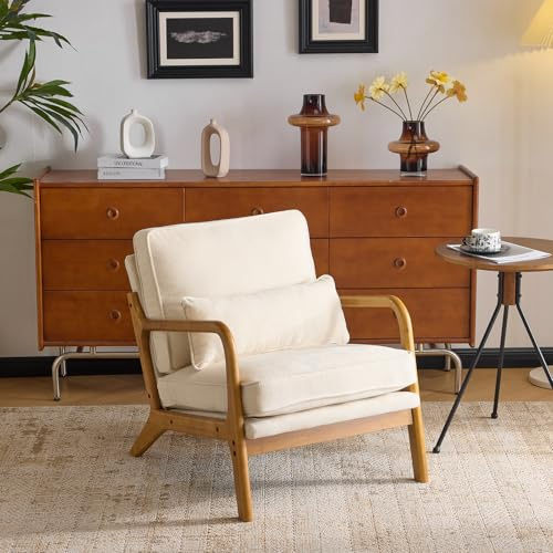 Bonnlo Modern Accent Chair, Soild Wood Lounge Armchairs, Chenille, Beige | Occasional Reading Chair with Cushions and Lumbar Pillow, Mid Century Armchairs for Living Room, Bedroom, Guest Room,
