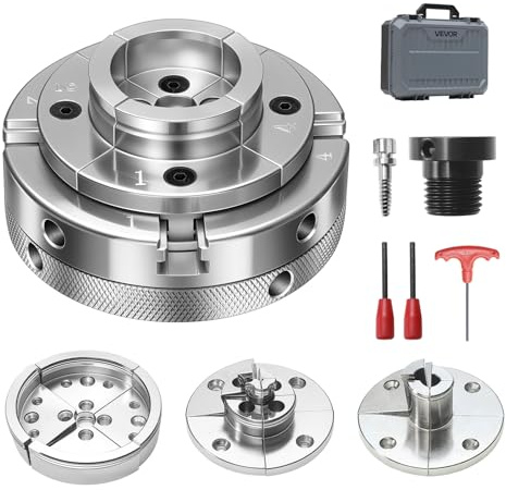 VEVOR Mandrino per Tornio per Legno 100 mm, Mandrino Autocentrante a 4 Griffe per Tornitura del Legno con Adattatore 1 pollici x 8 TPI Accessori con Griffe Valigetta per Trasporto, Acciaio Nichelato