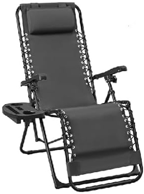 Weida Home Tumbona Plegable para Exterior | Reposapiés y Cojín Ajustable | Silla Reclinable Bandeja Lateral para Bebidas, Móvil y Libros | para Terraza, Camping, Playa, Piscina (Gris)